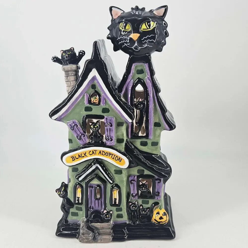 Blue Sky Clayworks Black Cat Adoption House Halloween Luminary votive holder